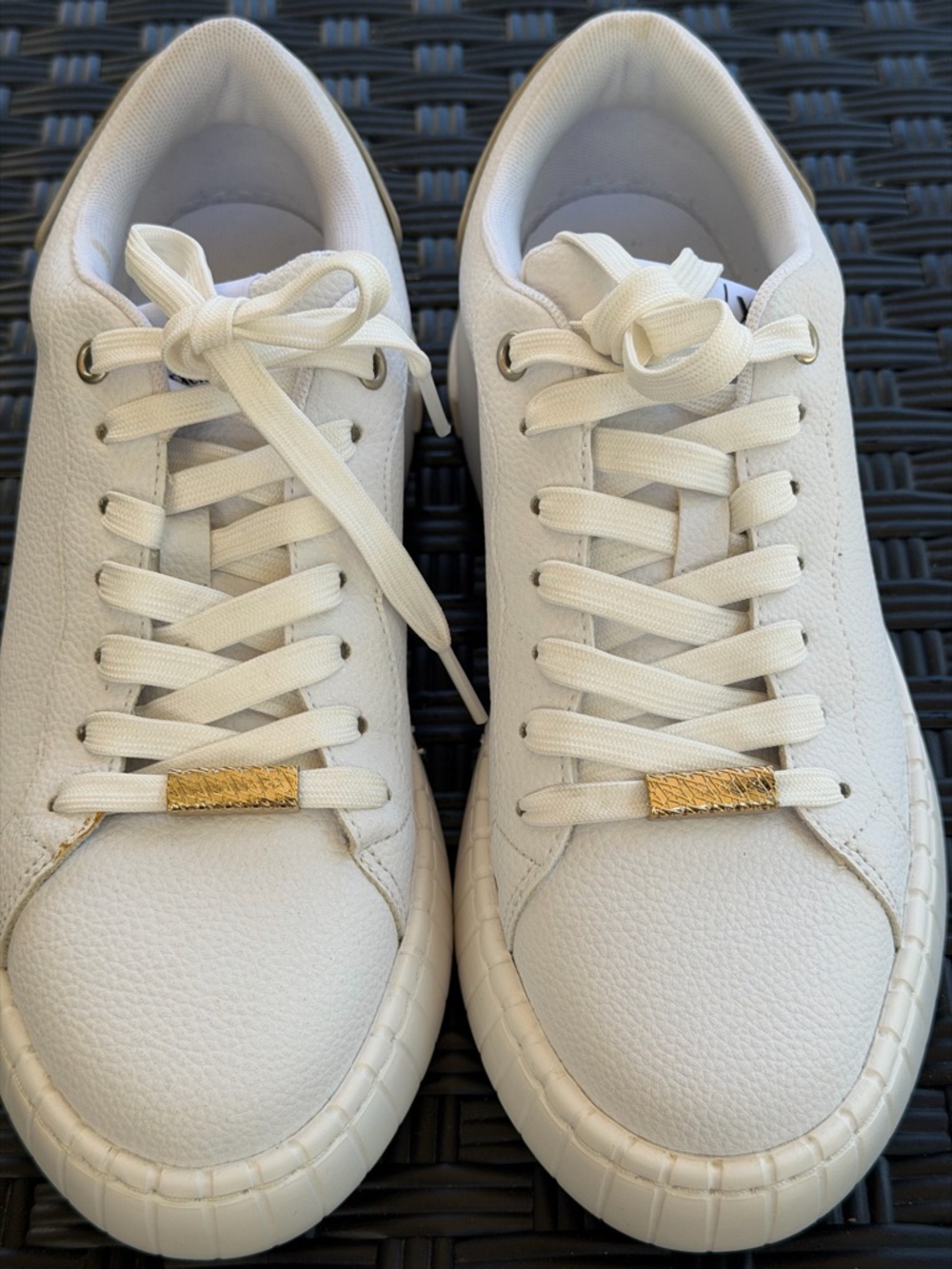 Armani Exchange White Low-Top Sneakers with Gold Lace Accents